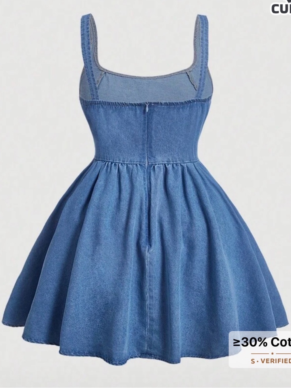 SHEIN Blue Denim Square Neck Fit-and-Flare Mini Dress